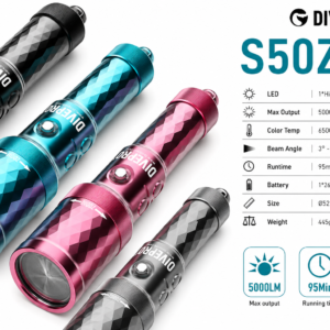 DIVEPRO S50Z | Linterna de Buceo Profesional 5000 Lúmenes con Zoom 3°-45°